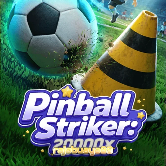 Tampilan visual neon dari permainan slot Pinball Striker 20,000x dengan elemen stadion sepak bola