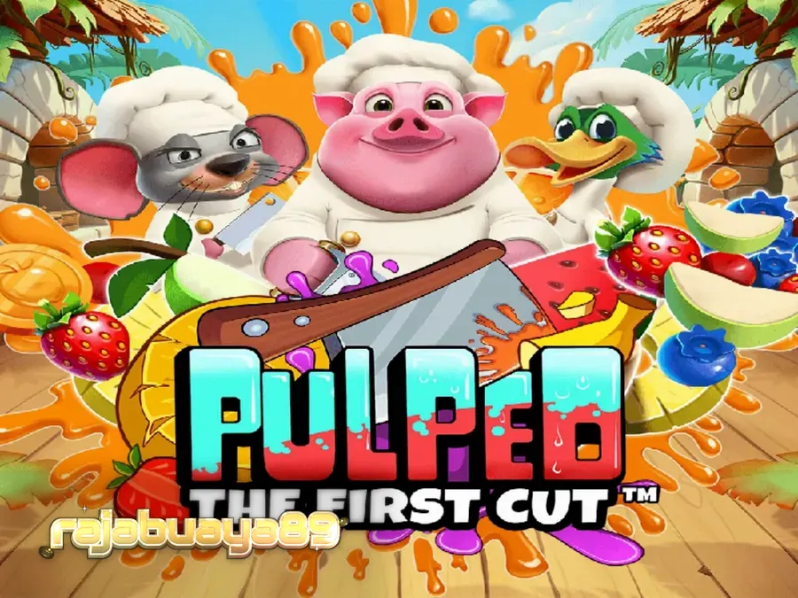 Tampilan visual slot Pulped: The First Cut dengan karakter koki hewan dan simbol buah segar.